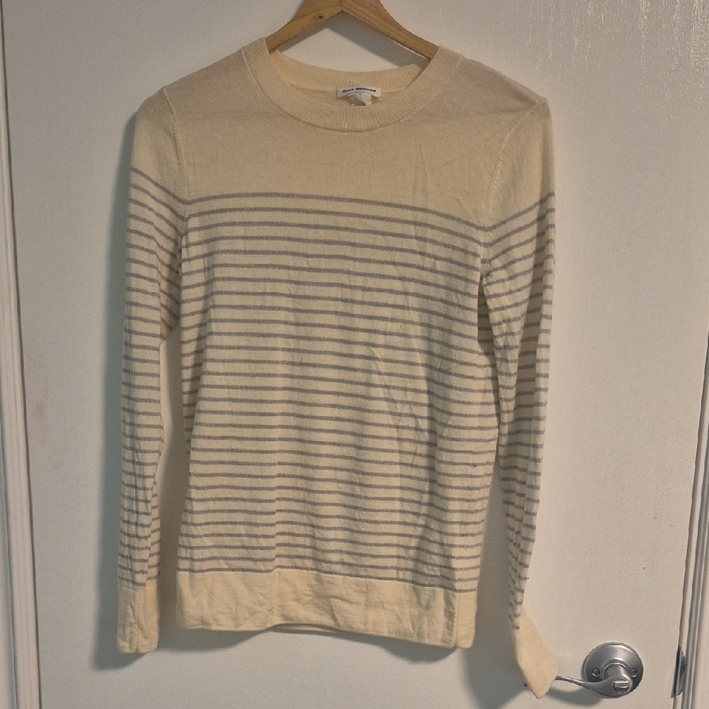 Chic Cream and Gray Striped Women's Crewneck Sweater